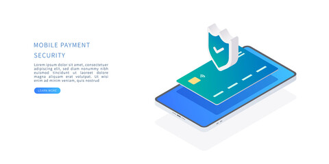 Mobile payment security concept in isometric vector illustration. Online payment protection system with credit card and smartphone. Vector illustration.