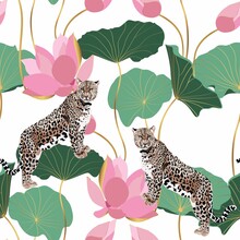 Abstract Illustration Of A Leopard Animal On A White Background Of Pink Lotuses With Leaves. Seamless Floral Pattern For Fabric And Wallpaper.