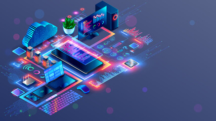 Leinwandbilder - Programming and coding of program product or code. Workplace of computer software developers. Technology creating cross platform application. Modern Tech isometric conceptual illustration.