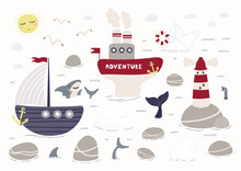 Sea, Ocean Landscape Clipart, Ships, Rocks, Lighthouse, Shark, Whale, Isolated On White. Hand Drawn Vector Illustration. Scene Creator, Elements Set. Scandinavian Style Flat Design. Kids Print Concept