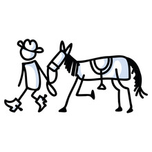 Black And White Drawn Stick Figure Of Cowboy Horse Clip Art. Wild Masculine Stallion For Monochrome Folk Icon Sketchnote Or Illustrated Scrapbook Vector Silhouette Motif. 