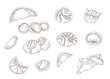 Vintage hand drawings of dumplings of various shapes. Pelmeni, ravioli from dough isolated on white background engraved vector illustrations set. Food, cooking concept