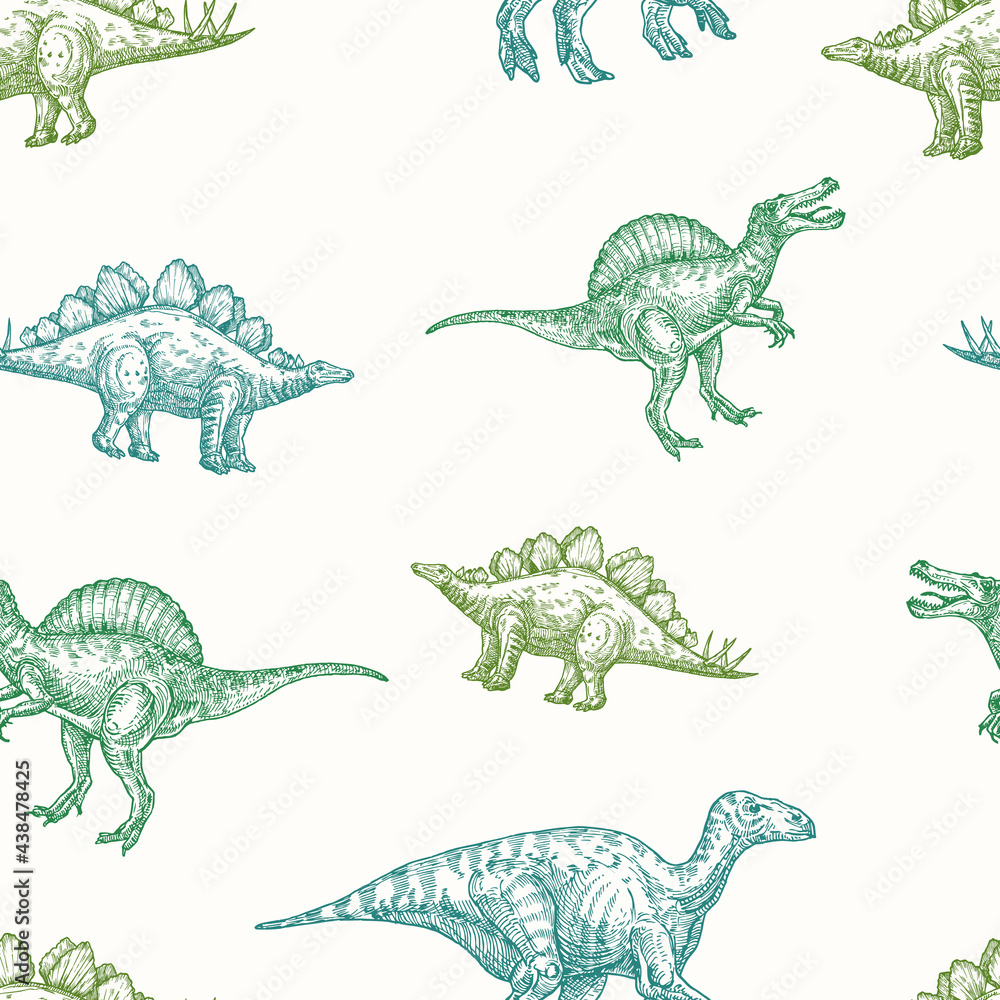 Hand Drawn Dinosaurs Vector Seamless Background Pattern. Spinosaurus, Stegosaurus and Iguanodon Colorful Sketches Card, Wrapping or Cover Template - obrazy, fototapety, plakaty 