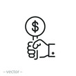 bid icon, auction, hand holding offer price, financial suggestion paddle, commercial market, bidding concept, thin line symbol on white background - editable stroke vector illustration eps10