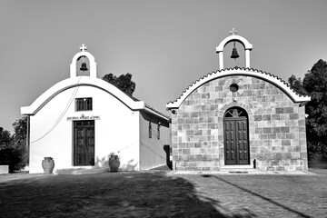 Poster - two orthodox chapels with bell towers on the island of Rhodes