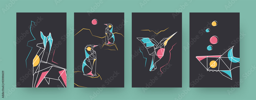 Set of contemporary art posters with llama and shark. Paper hummingbird, penguins vector illustrations in pastel colors. Origami, hobby concept for designs, social media, postcards, invitation cards - obrazy, fototapety, plakaty 
