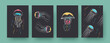 © SurfupVector - Collection of contemporary posters with jellyfishes. Medusas swimming underwater pastel vector illustrations. Aquarium, wildlife concept for designs, social media, postcards, invitation cards