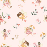 Fototapeta Dziecięca - Fairy and Flowers watercolor seamless pattern illustration 
