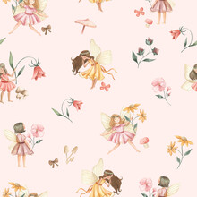 Fairy And Flowers Watercolor Seamless Pattern Illustration 