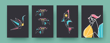 Set Of Contemporary Art Posters With Crane And Rams. Paper Animals, Shark, Rooster Vector Illustrations In Pastel Colors. Origami, Hobby Concept For Designs, Social Media, Postcards, Invitation Cards