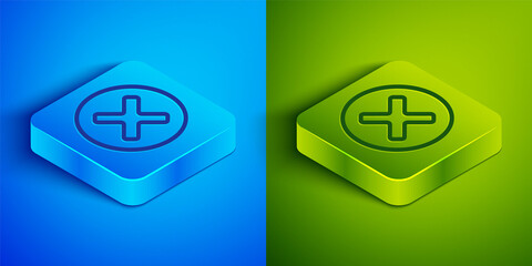 Poster - Isometric line X Mark, Cross in circle icon isolated on blue and green background. Check cross mark icon. Square button. Vector