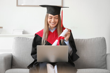 Poster - Happy female student on her graduation day at home. Concept of studying online