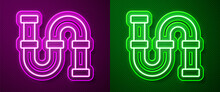 Glowing Neon Line Industry Metallic Pipe Icon Isolated On Purple And Green Background. Plumbing Pipeline Parts Of Different Shapes. Vector