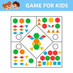 Wall Mural - Education logic game for preschool kids for the development of logical thinking. Connect the details and colorful geometric shapes. Preschool worksheet activity. Children funny riddle entertainment