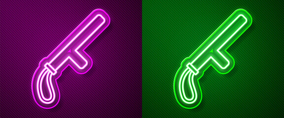 Poster - Glowing neon line Police rubber baton icon isolated on purple and green background. Rubber truncheon. Police Bat. Police equipment. Vector