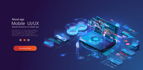 DevOps Agile development concept on virtual screen beta testing, project delivery metaphors. DevOps engineers web design with people developers work with computers. Technology analysis. Vector