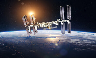 Poster - International space station on orbit of the Earth planet. ISS in the outer dark space. Elements of this image furnished by NASA