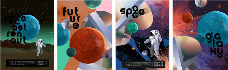 Wall Mural - space, astronaut and galaxy. vector abstract illustrations of planets, mars, sky and geometric shape