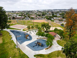 Fototapeta Miasto - Aerial view of kid recreational park and baseball field, municipal park in Placentia, California, USA.