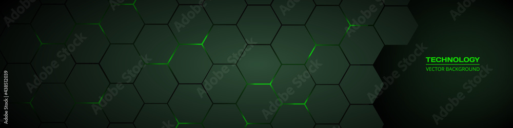 Dark green horizontal hexagonal technology abstract vector background ...