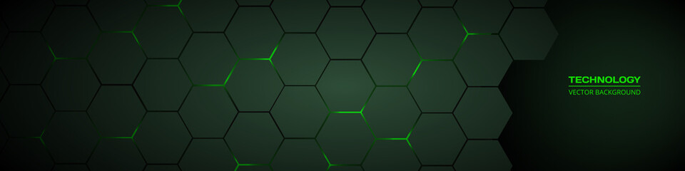 Wall Mural - dark green horizontal hexagonal technology abstract vector background. green bright energy flashes u
