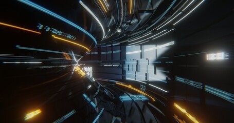 Wall Mural - futuristic sci-fi abstract technology background. tunnel with blue and orange light. 3d rendering