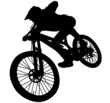 MTB downhill, enduro cross mountain biker doing an extreme jump on a mountain bike. MTB dh downhill mountain bike with helmet and protectors safety equipment. Vector illustration realistic silhouette