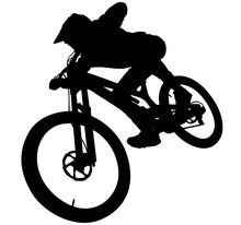 MTB Downhill, Enduro Cross Mountain Biker Doing An Extreme Jump On A Mountain Bike. MTB Dh Downhill Mountain Bike With Helmet And Protectors Safety Equipment. Vector Illustration Realistic Silhouette