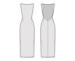 Wall Mural - Dress backless technical fashion illustration with fitted body, floor maxi length pencil skirt, boat neckline. Flat evening apparel front, back, grey color style. Women, men unisex CAD mockup