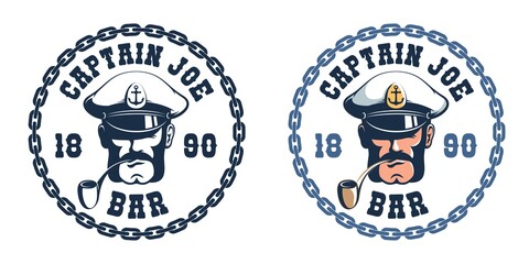 Poster - Sea captain retro logo template. Sea Bar vintage emblem - Captain head with pipe. Vector illustration.