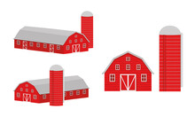 Wooden Barn And Silo For Grain Storage Front And Isometric View. Red Farm Warehouse Building And Container For Wheat Seeds Isolated On White Background. Vector Cartoon Illustration.