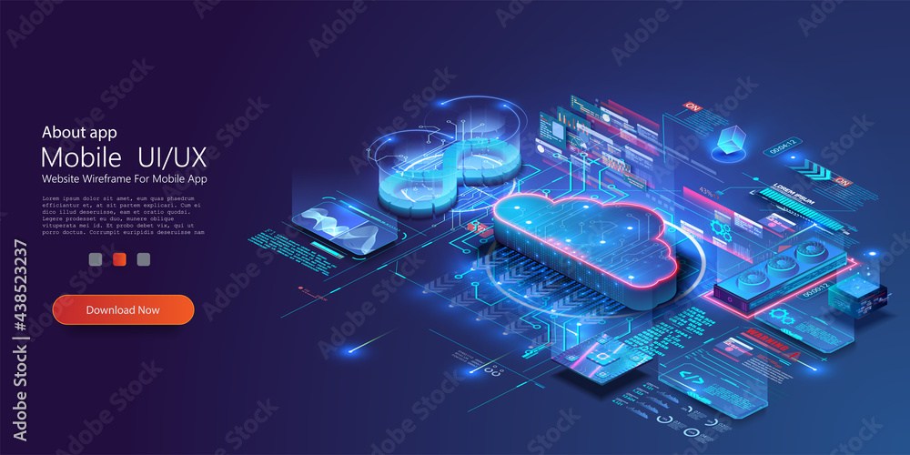 Isometric modern cloud technology and networking concept. Digital service, app with data transfering. Computing technology. Devices connected to digital storage in data center via internet. Web cloud - obrazy, fototapety, plakaty 