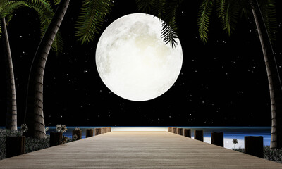 Wall Mural - Full moon night, many stars fill the sky. A wooden bridge extends down to the sea or the pier, with coconut trees along the way. Romantic scene by the sea on a full moon wooden bridge. 3D rendering.