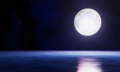 Wall Mural - The blue full moon is reflected in the sea. A wave of water from the ocean to island. The sky has many stars. Ripples on the sea at night. 3D Rendering