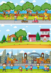 Poster - Set of different horizon scenes background with doodle kids cartoon character