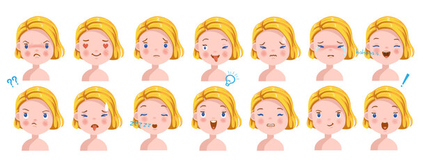 Wall Mural - blond girl facial emotions set. child face with different expressions. variety of emotions children.