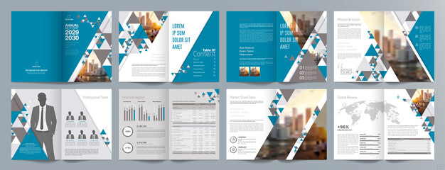 Corporate business presentation guide brochure template, Annual report, 16 page minimalist flat geometric business brochure design template, A4 size.