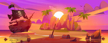 Pirate Ship Moored On Secret Island With Treasure Chest At Sunset Landscape. Filibuster Loot And Shovel Under On Sea Beach With Palm Trees. Adventure Book Or Game Scene, Cartoon Vector Illustration