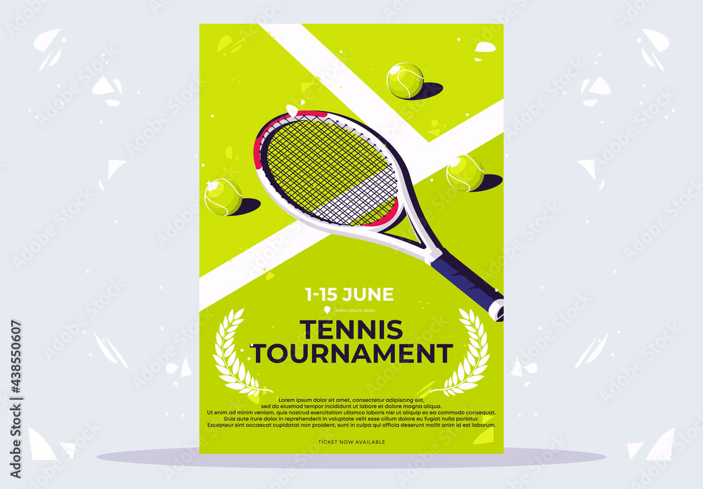 vector illustration of a minimalist poster for a tennis tournament, a tennis racket with light green balls lying on a tennis court - obrazy, fototapety, plakaty 