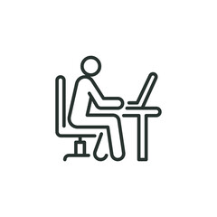 Wall Mural - Man behind computer desk line icon. Simple outline style. Person, work, laptop, table, chair, seat, workplace concept. Vector illustration isolated on white background. Thin stroke EPS 10.