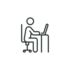 Wall Mural - Man behind computer desk line icon. Simple outline style. Person, work, laptop, table, chair, seat, workplace concept. Vector illustration isolated on white background. Thin stroke EPS 10.