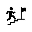 Man running on stairs to the flag of success. Vector icon illustration. Person climbing stairway to achieve his goals concept.