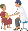 Illustrations of mothers and babies undergoing medical examination, health and welfare, SDGs