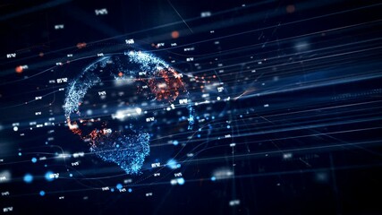 Wall Mural - a digital projection of a rotating globe of earth made of glowing particles with running numbers aga