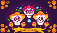 Dia De Los Muertos Greeting Banner With Colourful Sugar Skulls And Flowers, Mexican Day Of Dead With Cute Skeletons In Cartoon Style On Dark Background With Marigolds, Festival Celebration