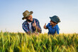 Father and son are standing in their growing wheat field. They are happy because of successful sowing.