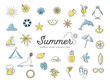 夏のシンプルな線画アイコンセット01 / ビーチ、海、自然、動物、花、果物 / 2色