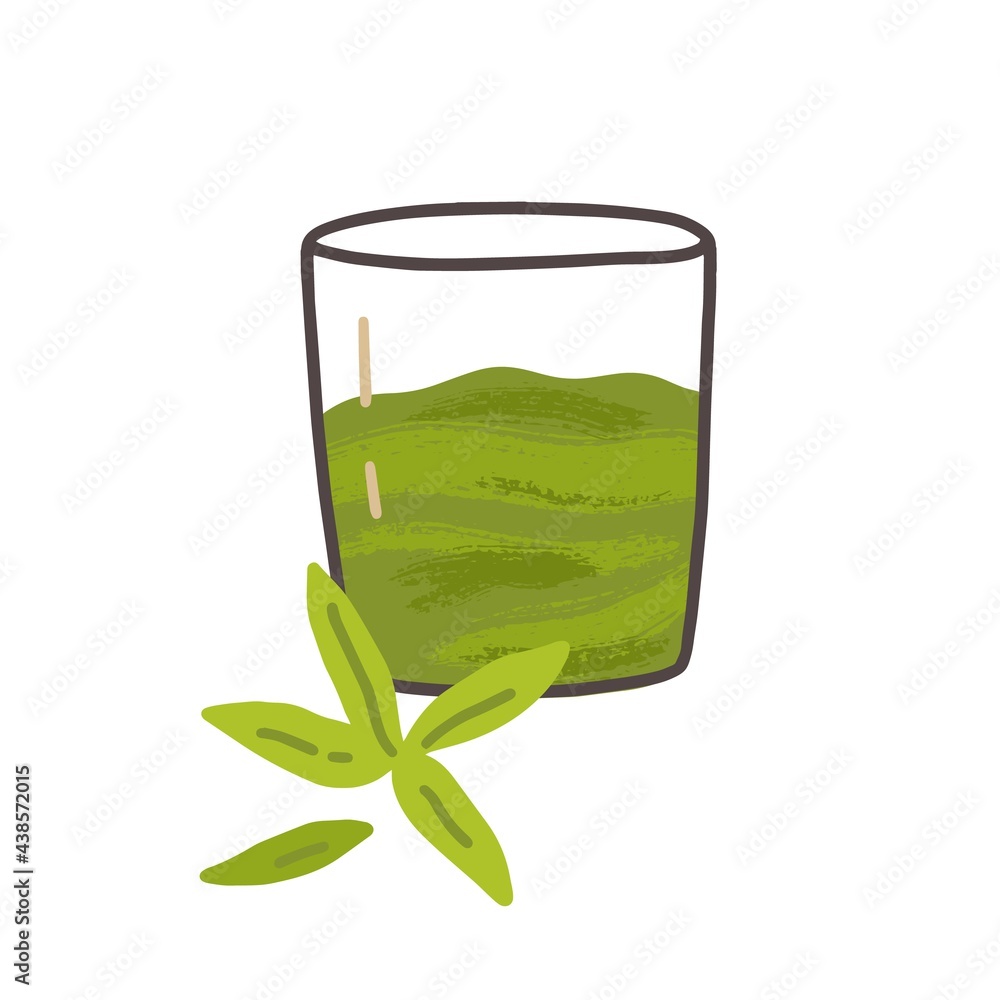 Glass of cold green tea matcha drink. Cold refreshing Japanese beverage. Traditional natural Asian refreshment. Oriental blended smoothie. Flat vector illustration isolated on white background - obrazy, fototapety, plakaty 