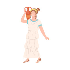 Wall Mural - Roman Woman Wearing Long Tunic and Sandals Carrying Greek Ceramic Amphora Vector Illustration