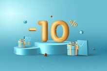 10% Off. 3D Gold Discount Numbers On Podium With Shopping Bag And Gift Box Vector. Price Off Tag Design On Blue Background Vector Illustration